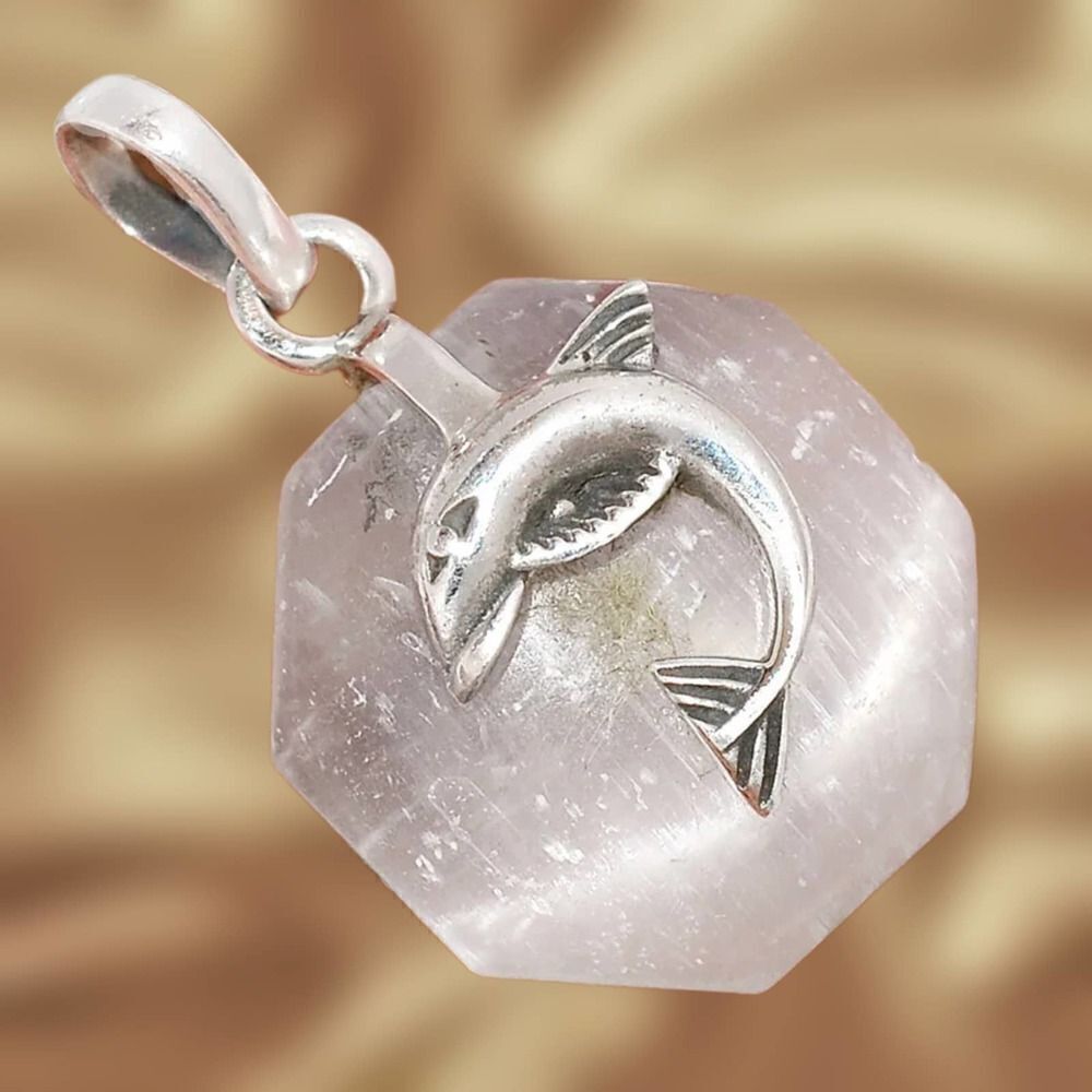 Dolphin Natural Selenite Sterling Silver Pendant